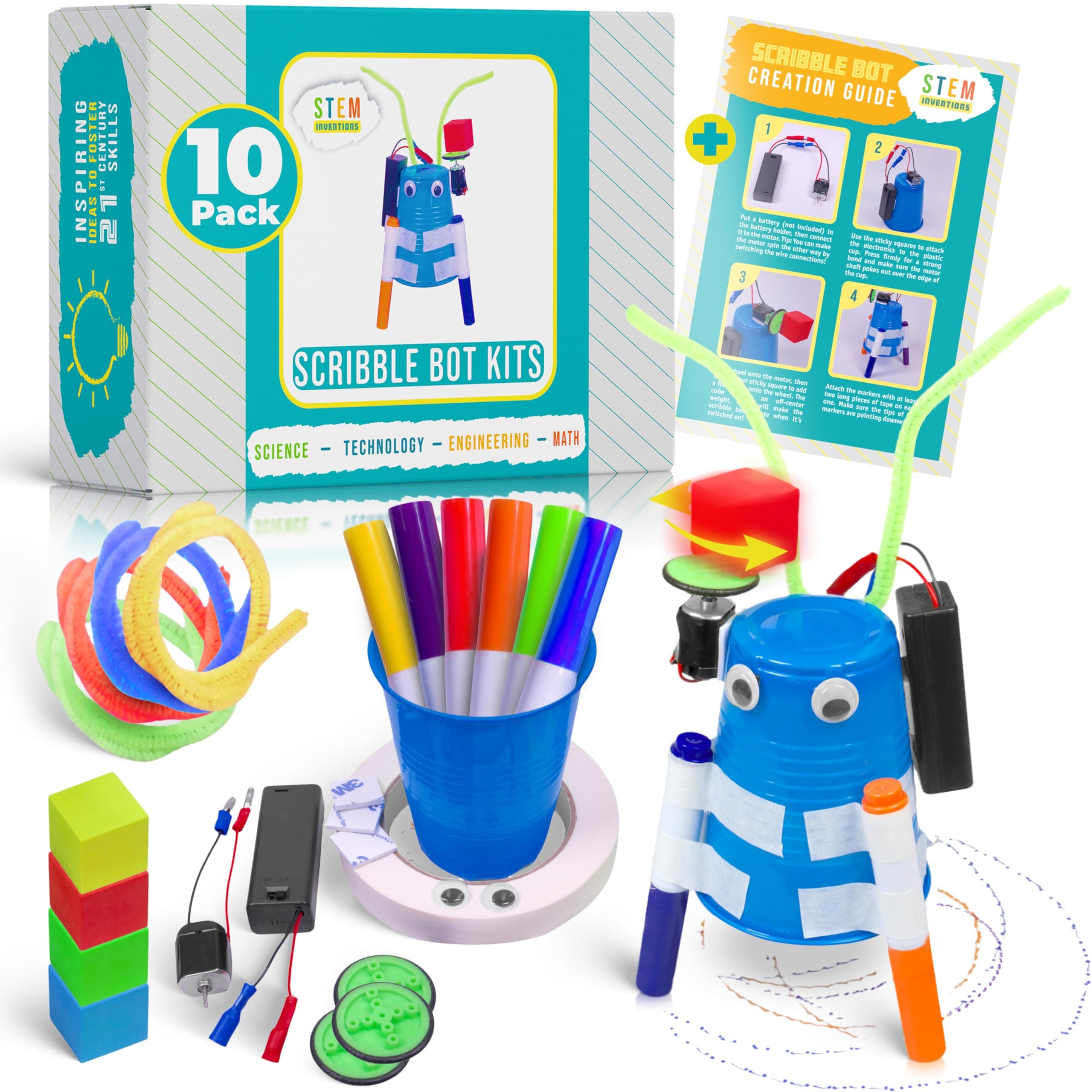 Scribble Bot Kit, 10-Pack – Build 10 Motorized Drawing Robots, Complete STEM Project Kit for Classrooms, Ages 8+