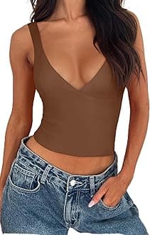 REORIA Women's Summer Sexy Casual Deep V Neck Sleeveless Slim Fit Cropped Corset Cami Fashion Trendy Y2k Going Out Crop Tank Tops Coffee Small