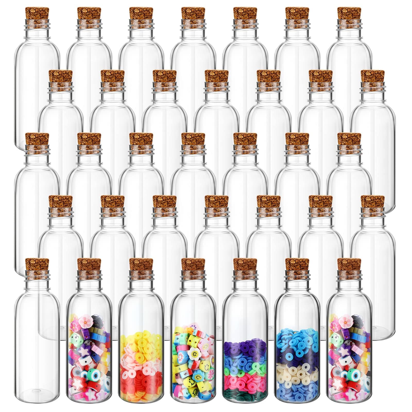50 Pack 2 oz Clear Plastic Sand Art Bottles with Cork Stoppers Sand Art Containers Jar with Lid Mini Potion Bottles for DIY Wedding Party Favors Wish and Message Bottle(Wood Color)