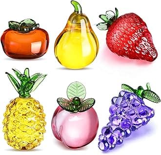 6 Pcs Crystal Glass Fruit Decor Pineapple Grape Persimmon Strawberry Pear Peach Figurine Collectibles Hand Blown Glass Fruit Decoration for Home Decor Gift for Wedding Birthday Wedding