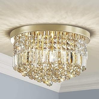 SM Saint Mossi 22002 Modern K9 Crystal Raindrop Chandelier Lighting, Flush Mount, Perfect for Dining Room Bedroom; 9 x E12 Bulb Base; Height 11" x Diameter 20"; Champagne Crystal & Gold Finish