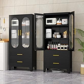 61.02”H Metal Pantry Storage Cabinet with Drawer,Pantries Cabinets with Acrylic Glass Doors and Adjustable Shelves,Cupboard for Kitchen, Laundry Room,Living Room,Bathroom,Dinning Room