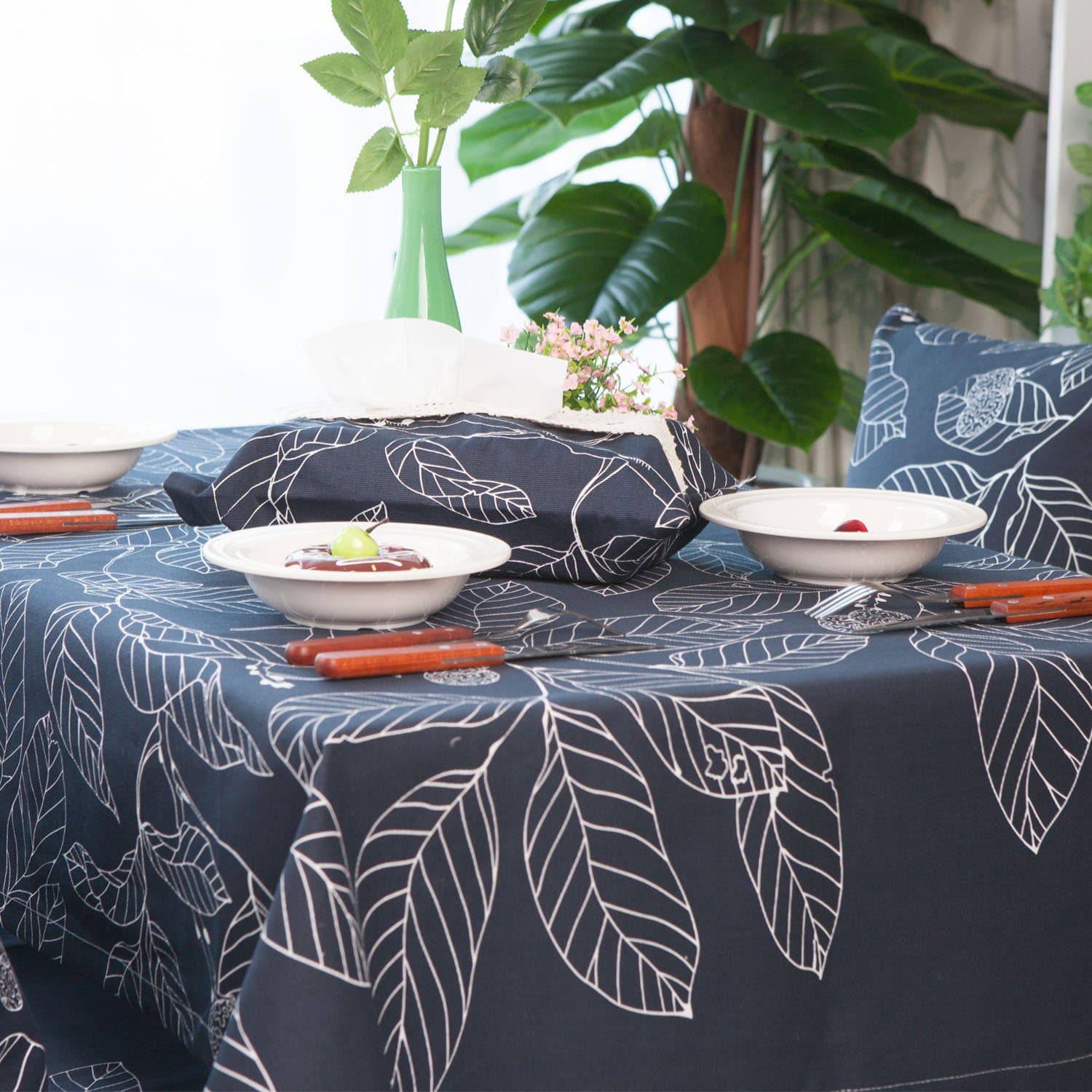 Leaves Fabric Cotton Tablecloth for Rectangle Tables Kitchen Dining Room Tables Outdoor Picnics Camping 55x86 Inch Leaves Dark Blue