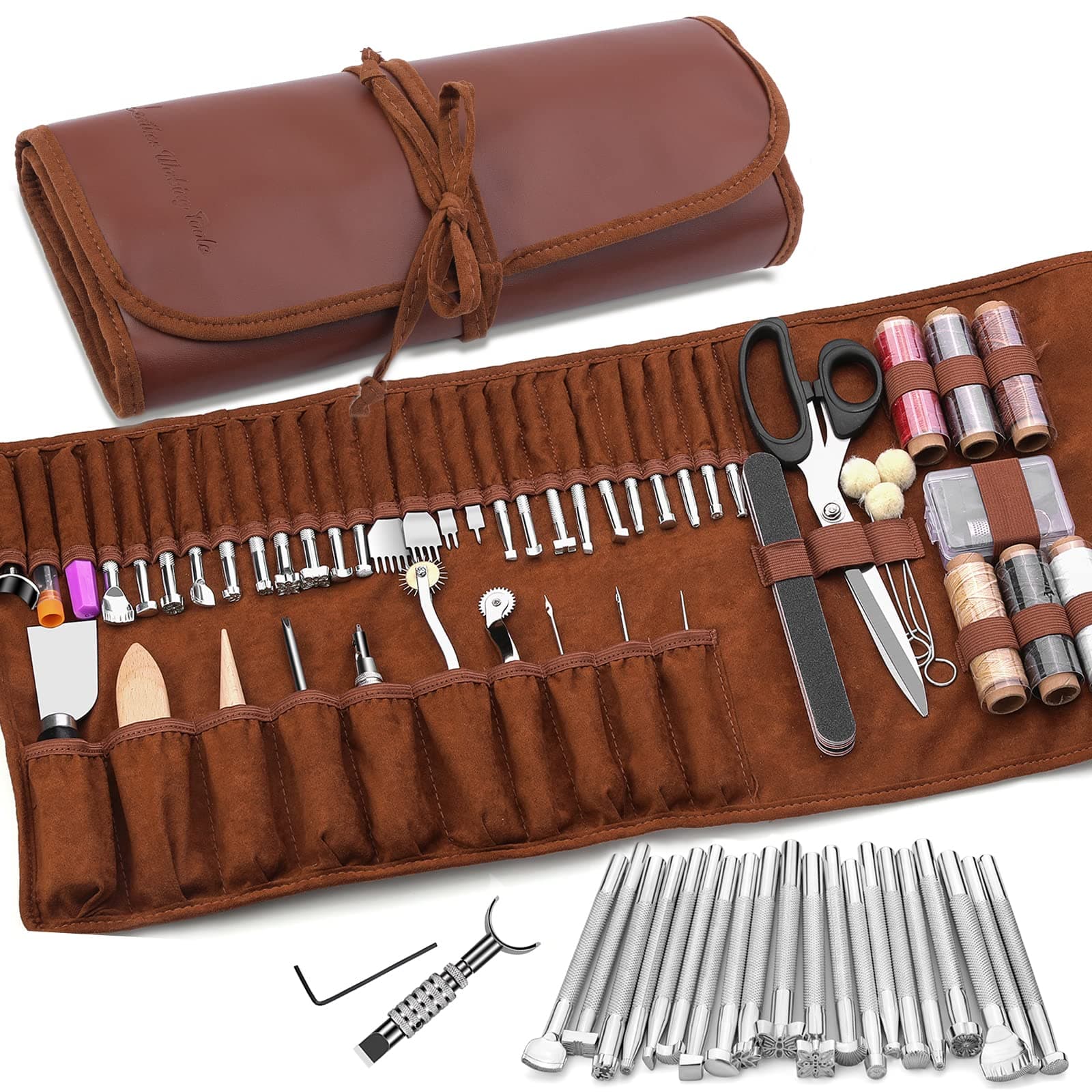 Leather Working Tools Leather Craft Tools for Carving Stamping Sewing Punching Cutting with Custom Storage Bag Professional Tooling Kit for Crafting, Repair & DIY Projects