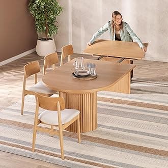 Transformer Table - Solid Wood Extendable Round Dining Table Set with 4 Chairs, Seats 4-10, Extendable Round Dining Set, Natural (Table + 4 Chairs)