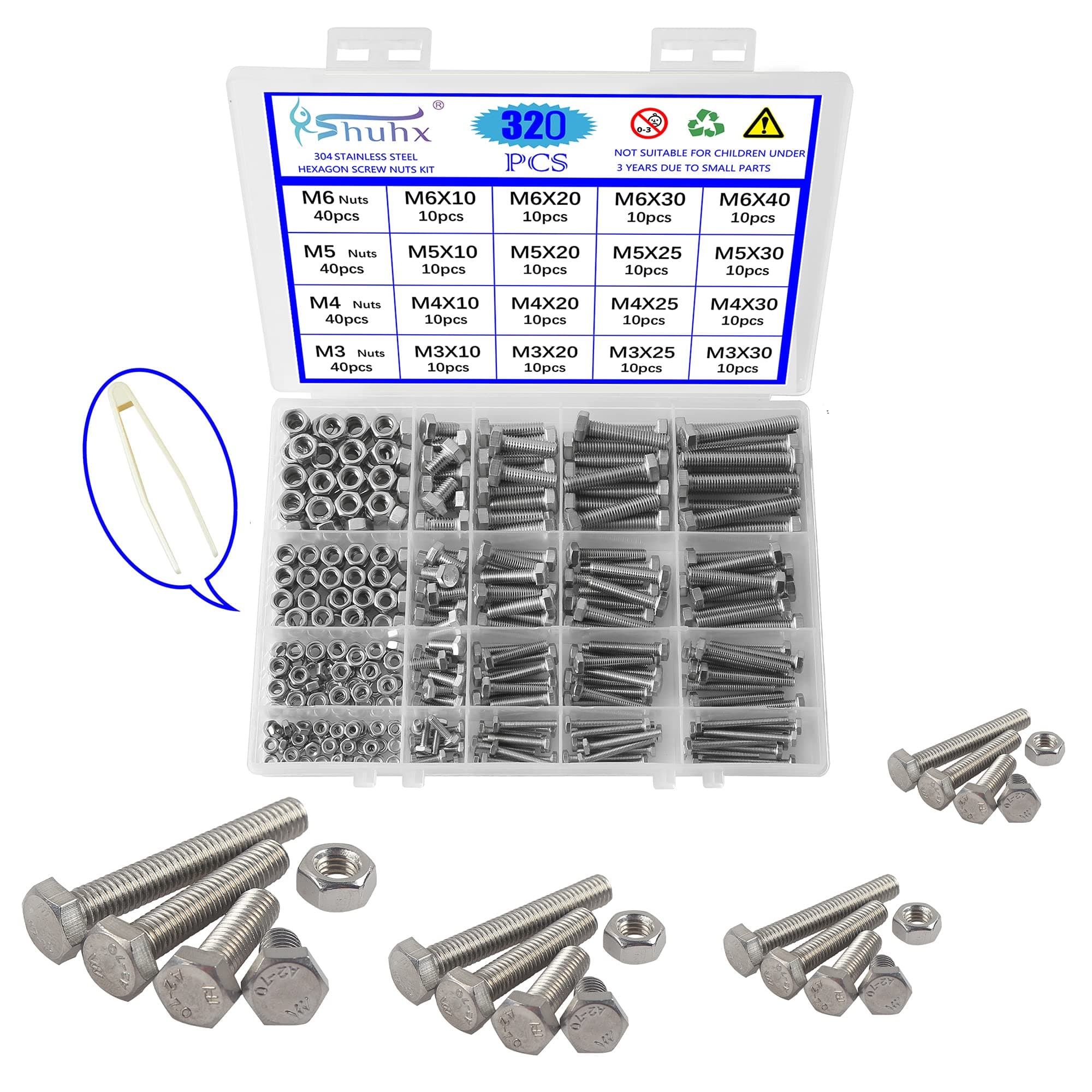 – M3 M4 M5 M6 Nuts and Bolts Outer Corner Hexagonal Screw 304 Stainless Steel Hex Bolt Assortment Kit with Storage Box For DIY Industry Mechanical