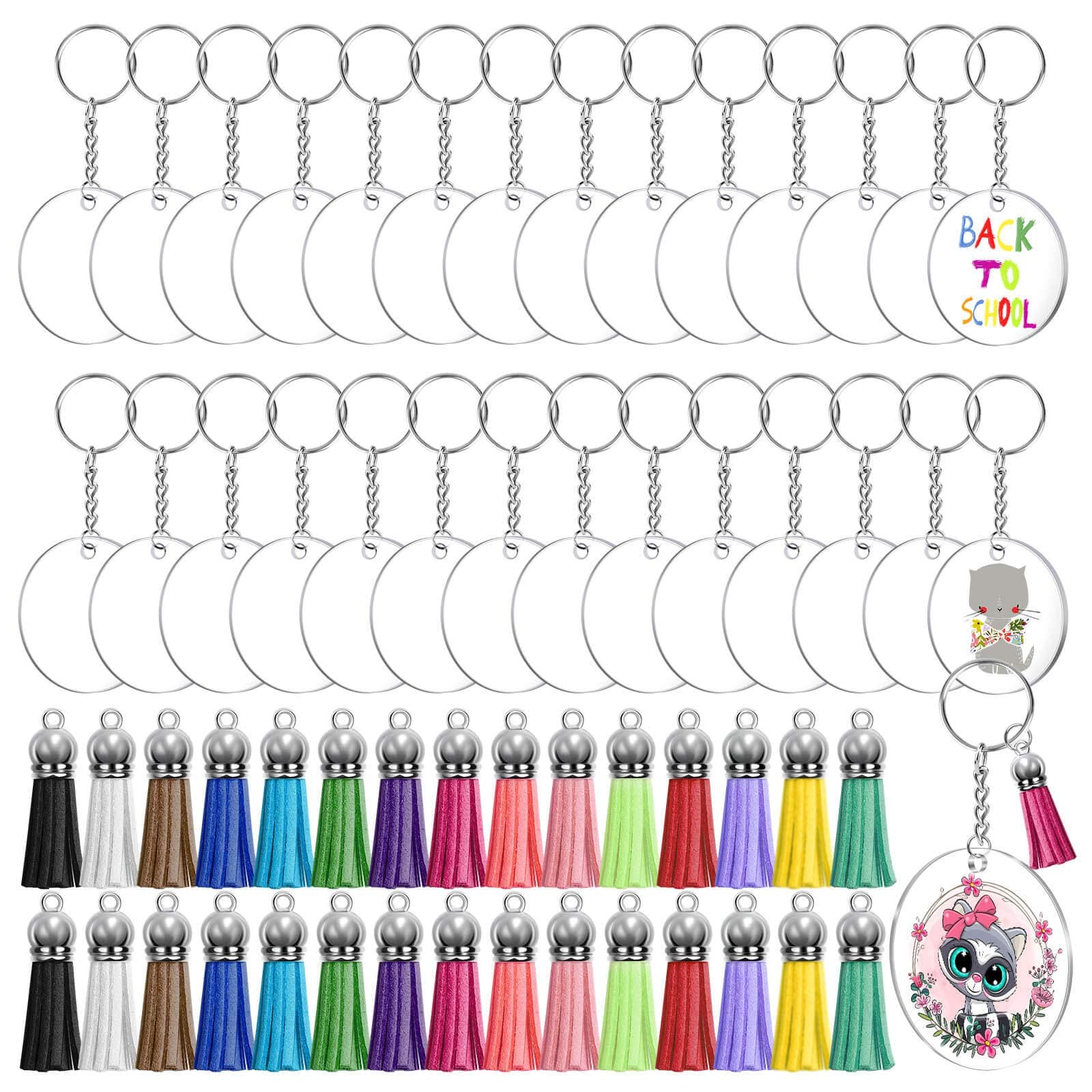Audab Acrylic Keychain Blanks Kit - 120pcs Including Clear Acrylic Blanks, Keychain Tassels, Key Rings, Jump Rings for DIY Key Chain Vinyl Crafting