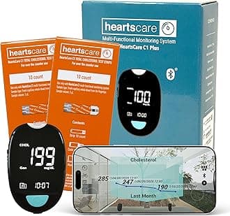 HeartsCare Total Cholesterol Testing kit - 20 Strips and 1 Meter with 3D Bluetooth HeartsHome app - Diet and Fitness Tracking