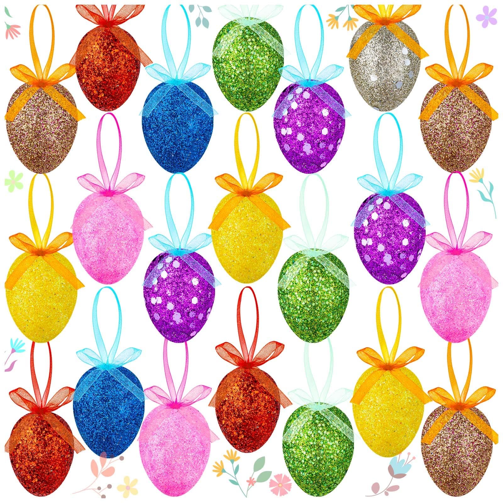 Happy Easter Hanging Eggs for Tree, 24Pcs Colorful Foam Eggs Shiny Easter Hanging Ornament in 8 Colors for Easter Party Home Spring Tree Decoration