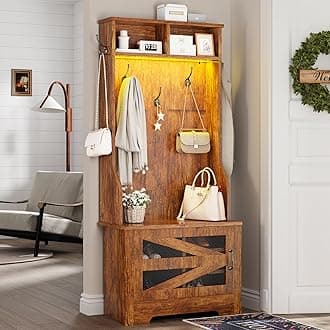 Itaar Hall Tree with Bench and Shoe Storage, 5-in-1 Entryway Bench with Coat Rack, 5 Shoe Cubbies & 5 Coat Hooks, Barn Door & Adjustable Shelf (Rustic Brown)