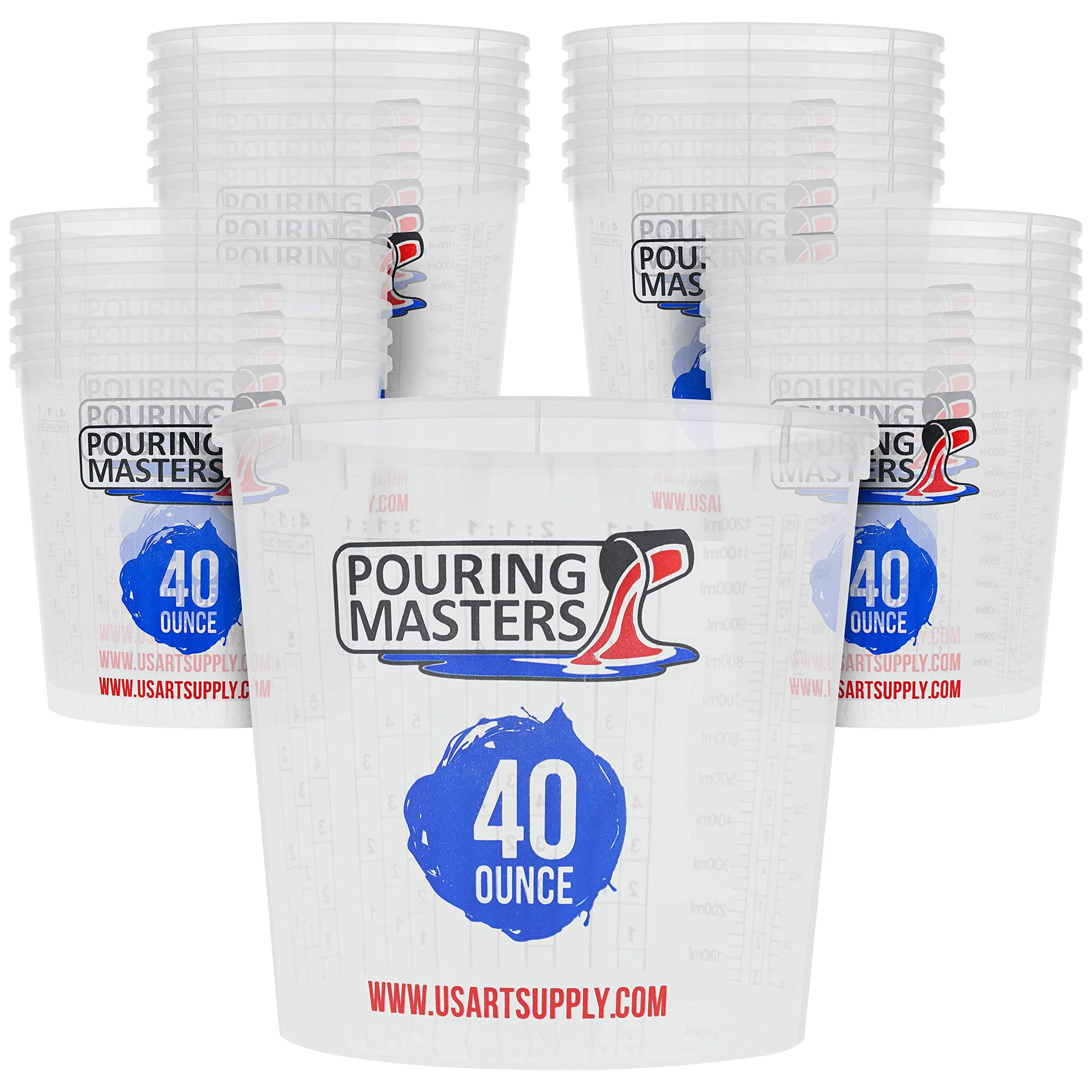 40 Ounce (1200ml) Graduated Plastic Mixing Cups (Box of 24) - Paint Mixing Cups for Epoxy Resin, Art, Kitchen, Baking - Measurements in OZ and ML, 4 Different Measuring Ratios 1:1