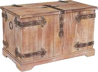 Household Essentials Decorative Trunk, Victorian, Large, Chinese Fir Wood, Aged-Wood Finish with Metal Accents, Fully Opening Lid, Stout Design, Ring Handles