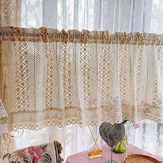 Rustic Crochet Curtain Valance for Kitchen Bathroom Farmhouse Lace Curtain Tiers for Coffee Decor Room Divider Rod Pocket Hollow Out Short Curtains for Closet Doorway 1 Panel W39 X L24 Inch