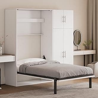 Twin Size Murphy Bed Wall Bed with Lockers and Wardrobes, Traditional Solid Wood Murphy Bed Chest with Sturdy Slats Support for Bedroom Guest Room Home Office, Space-Saving