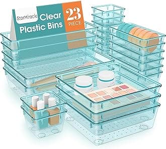 23 PCS Drawer Organizer Set, 5 Varied Size Bathroom and kitchen Drawer cabinet organizer Trays, Clear Storage Bins for Makeup, Jewelry, Utensils and Gadgets