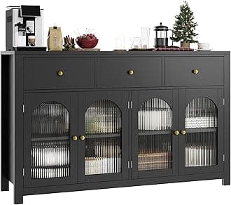 finetones Buffet Cabinet with Storage, 55.1" Large Sideboard Buffet Cabinet, Farmhouse Kitchen Cabinet Display Cabinet with 3 Drawers and 4 Doors, Wood Coffee Bar Cabinet for Kitchen, Black