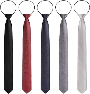 5 Pieces Mens Zipper Ties Pre Tied Adjustable Neckties Solid Color Skinny Necktie Thin Clip on Slim Tie for School Wedding Christmas Party Uniforms, Black, Navy, Gray, Silver Gray, Dark Red