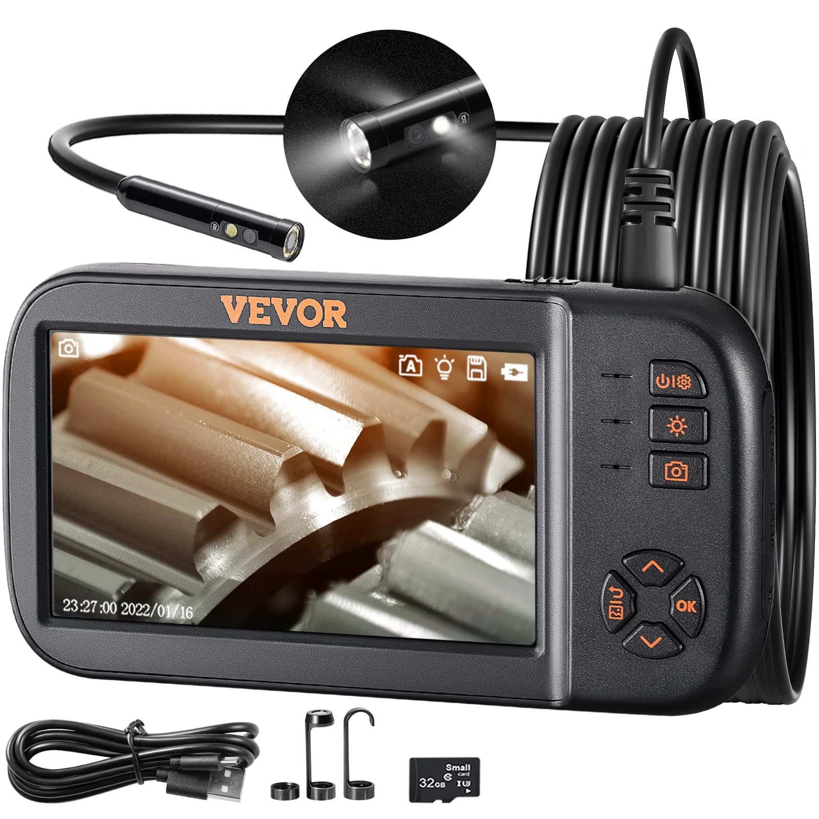 VEVOR Endoscope with Triple Lenses - 4.5 Inch IPS Screen Inspection Camera - 1920 x 1080 Waterproof Pipe Camera for Car Engines, Sewers, HVAC Channels