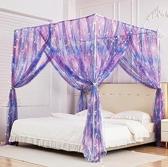 Mengersi Tie Dye Canopy Bed Curtains with Lights,Gradient Ombre Bed Canopy for Girls,Canopy for Bed Princess Bed Drapes for Girls Room Decor(Twin,Purple)