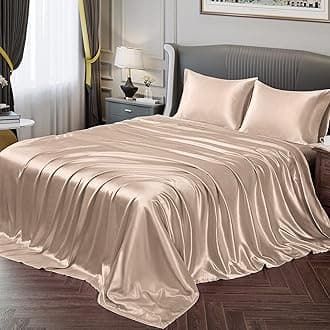 Vonty Satin Sheets Queen Silky Soft Satin Bed Sheets Amber Beige Sheet Set, 1 Deep Pocket Fitted Sheet + 1 Flat Sheet + 2 Pillowcases