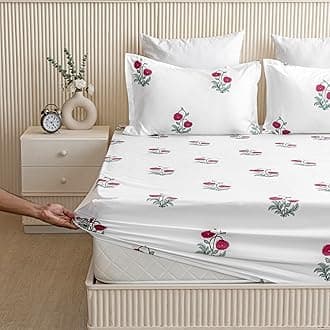 HOMEMONDE 100% Cotton Fitted Bed Sheet for Single Size Bed, Floral Printed All Around Elastic Bedsheet (72 x 48 Inches) with 1 Pillow Cover | Perfect for Home Decor & Gifting