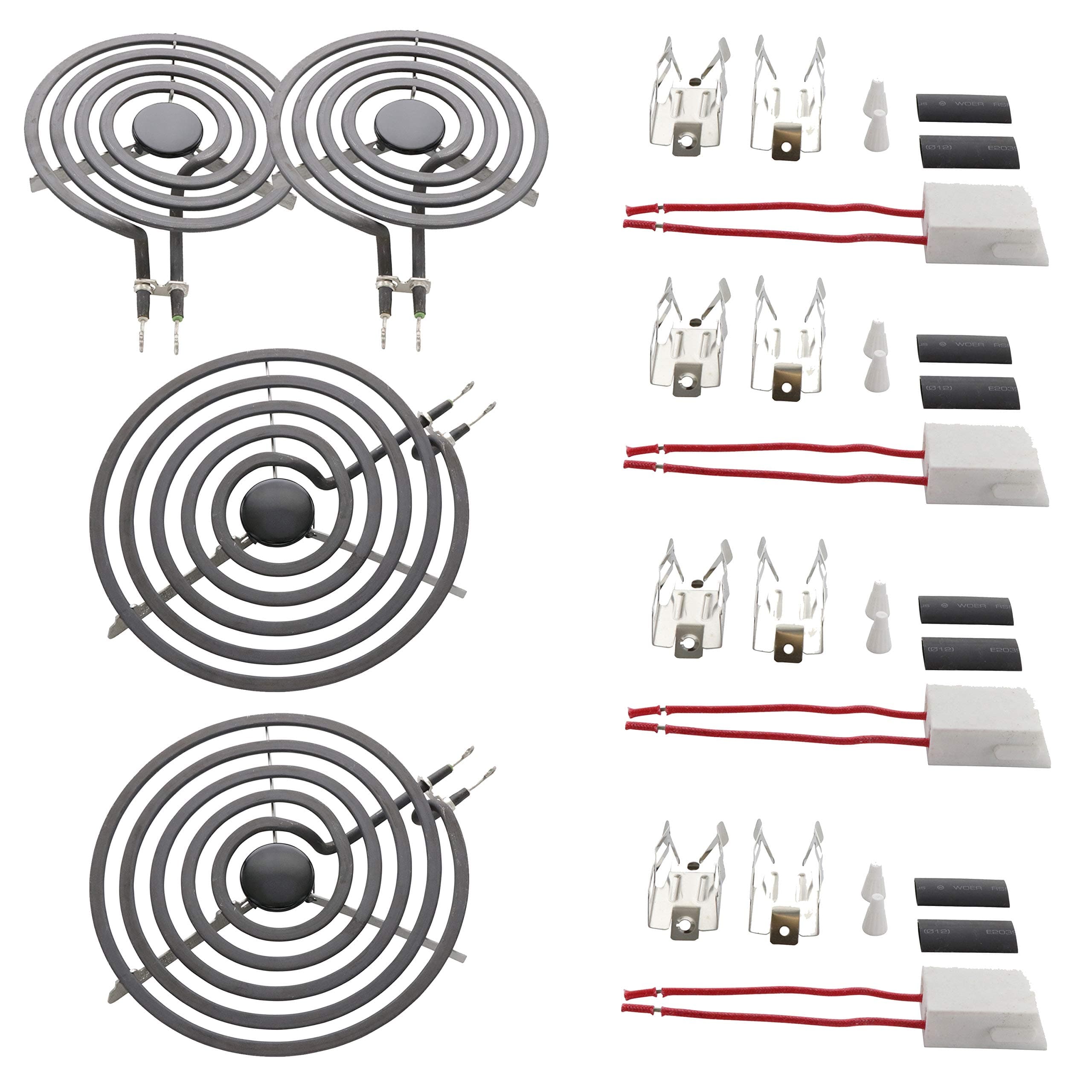 KITCHEN BASICS 101 MP22YA Electric Range Burner Coil Set Replacement for Whirlpool KitchenAid Maytag - Includes 2 8-Inch MP21YA and 2 6-Inch MP15YA Burners with 4 Ceramic Plug-in Terminal Blocks
