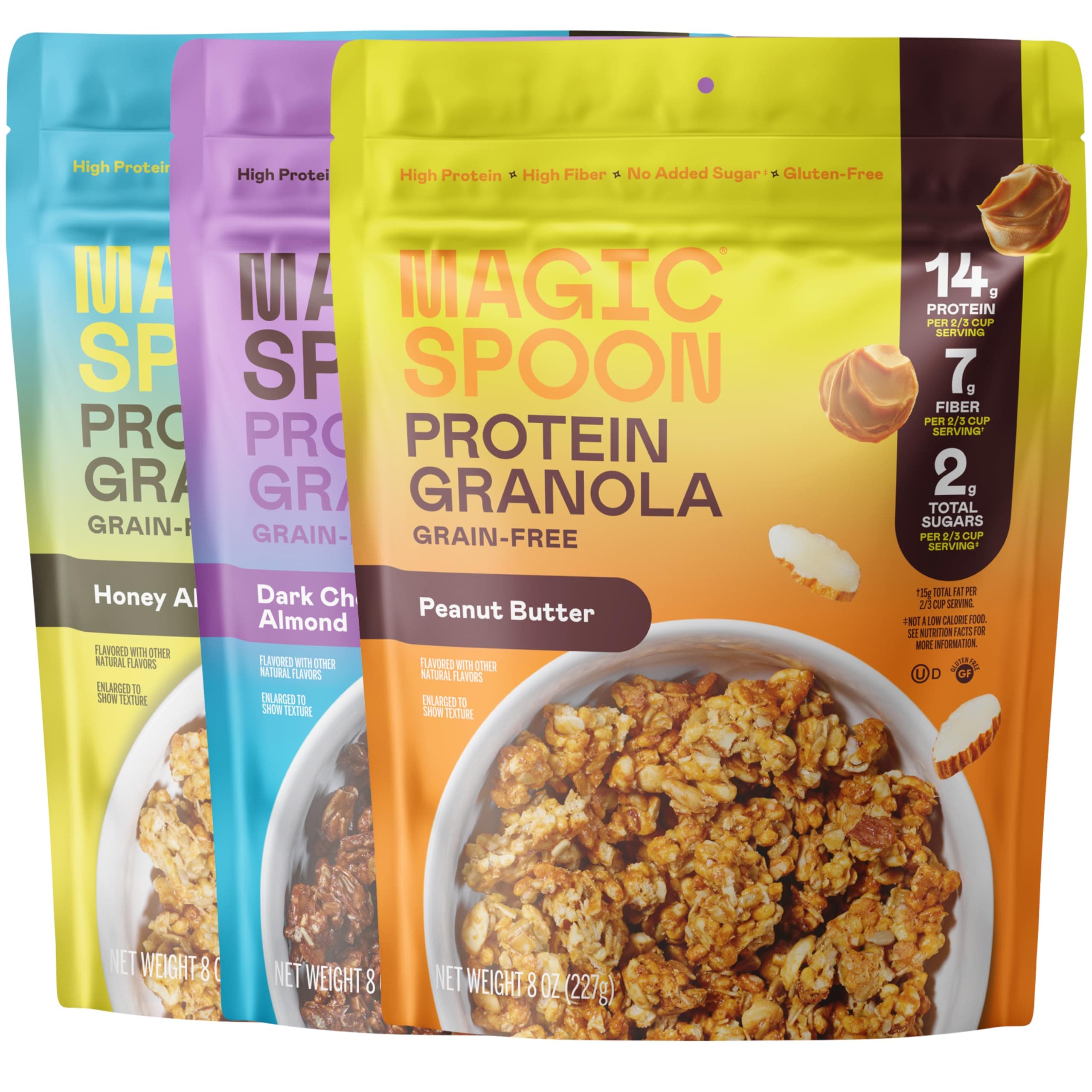 Magic Spoon Protein Granola - High Protein Granola, Keto Friendly, Low Sugar, Grain Free, Healthy Breakfast or Quick Snack (1 bag of each: Honey Almond, Dark Chocolate Almond, Peanut Butter)