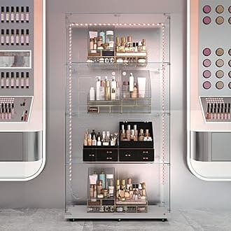 Modern Glass Display Cabinet 4-Shelf with LED Light, Lock and Wheels, 2 Door Curio Cabinets, Tempered Glass Collection Display Showcase for Living Room Home Office,30.9x13.5x65 H,White