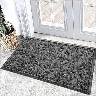 Bulijojo Sturdy Front Entrance Doormats,Durable Heavy Duty Welcome Mat,Thick Absorbent Natural Rubber Non Slip Mat,Easy Clean Entryway Mat 17x30 Inch Leaves Grey