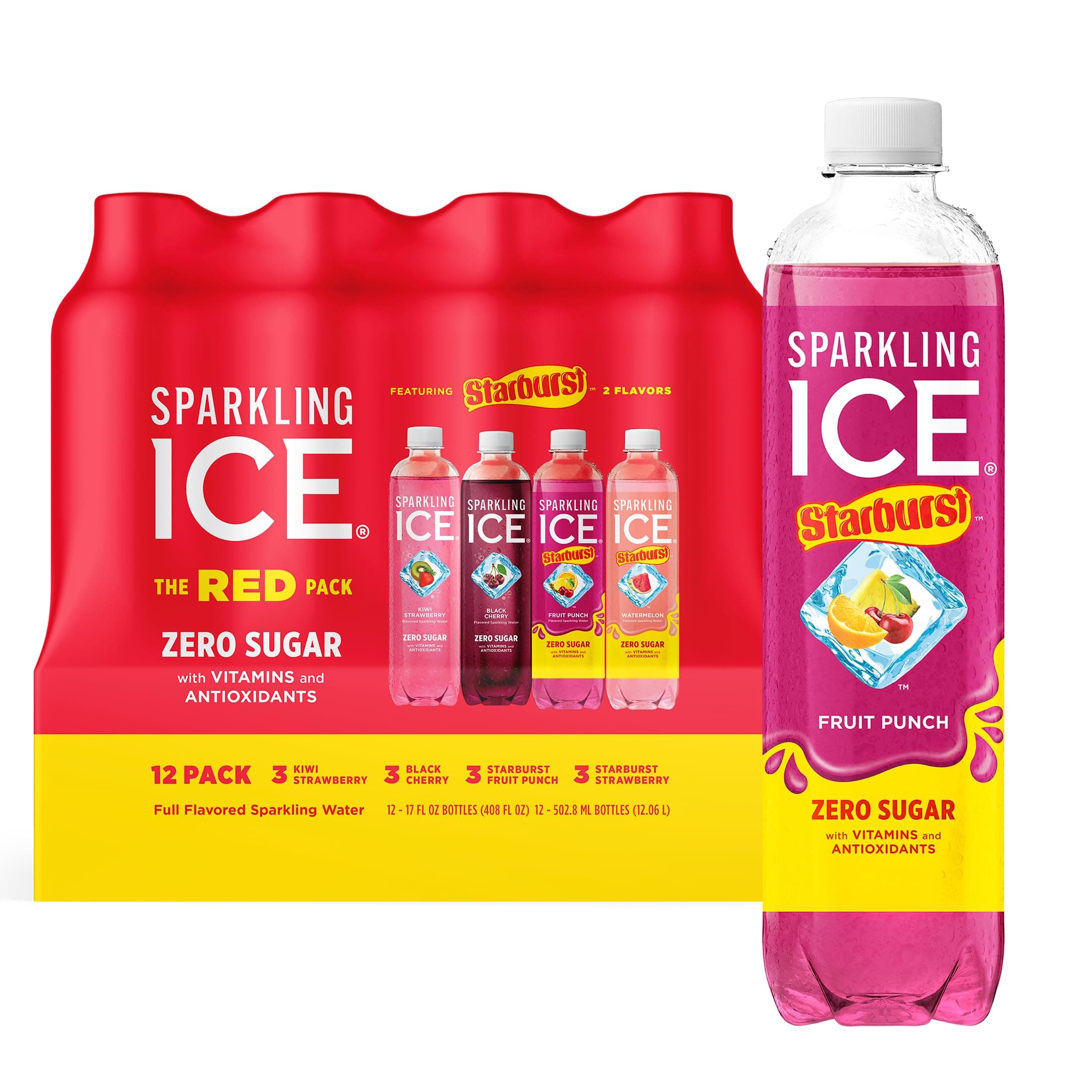 Sparkling Ice Starburst Red Variety Pack, Zero Sugar Flavored Water, Vitamins & Antioxidants, 17 Fl Oz, 12 Count (Kiwi Strawberry, Black Cherry, Fruit Punch, Watermelon)