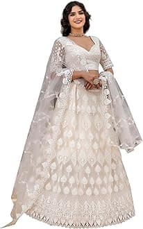 Women's Net Embroidery Sequence Work Wedding Lehenga Choli Unstitch Blouse with Dupatta