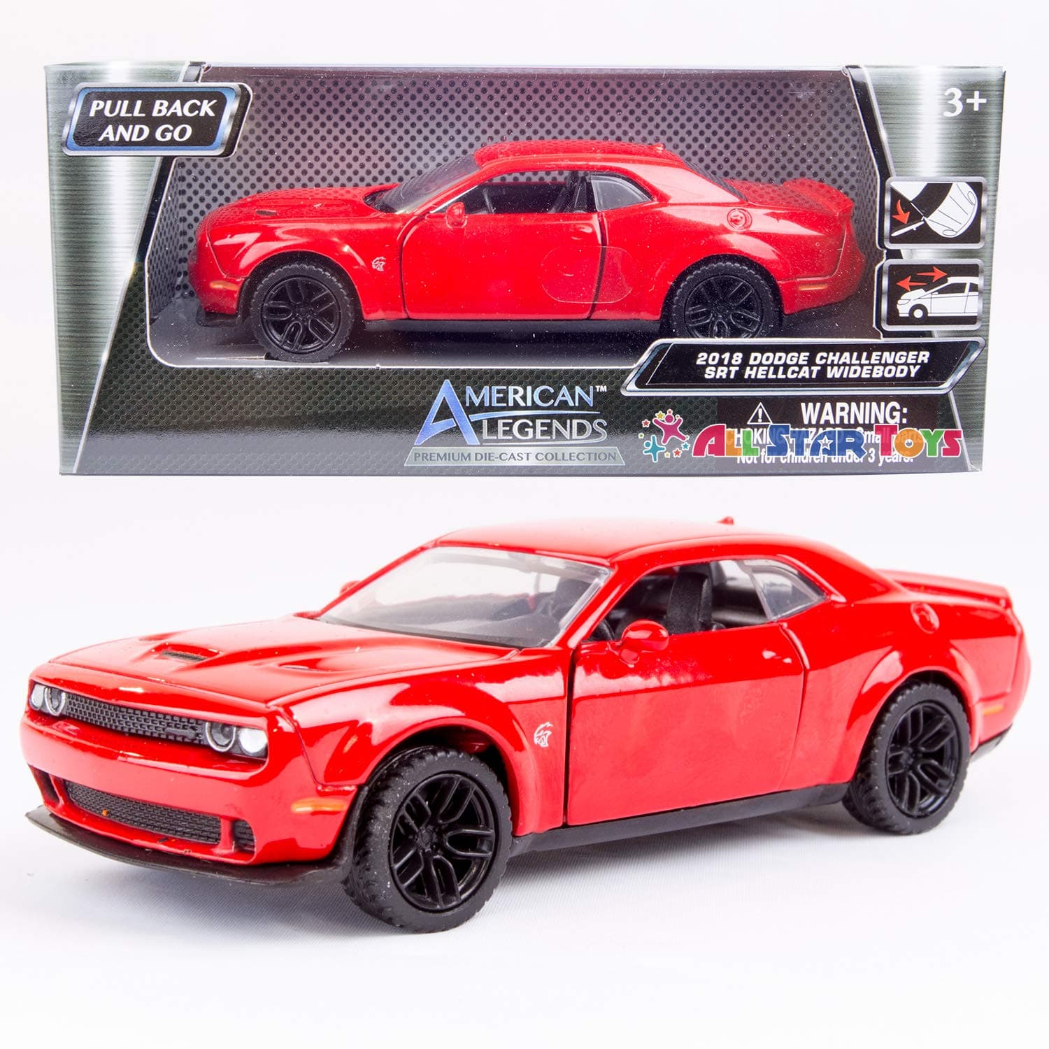SRT Hellcat Wide Body Die-Cast Motor Max Pull Back 2018 Dodge Challenger (Orange, About 11cm Long)
