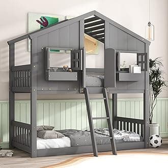 Harper & Bright Designs House Bunk Bed Twin Over Twin Kids Bunk Bed Wood Frame with Roof, Window, Window Box, Door, Safety Guardrails and Ladder, for Girls Boys (Twin Size, Gray)