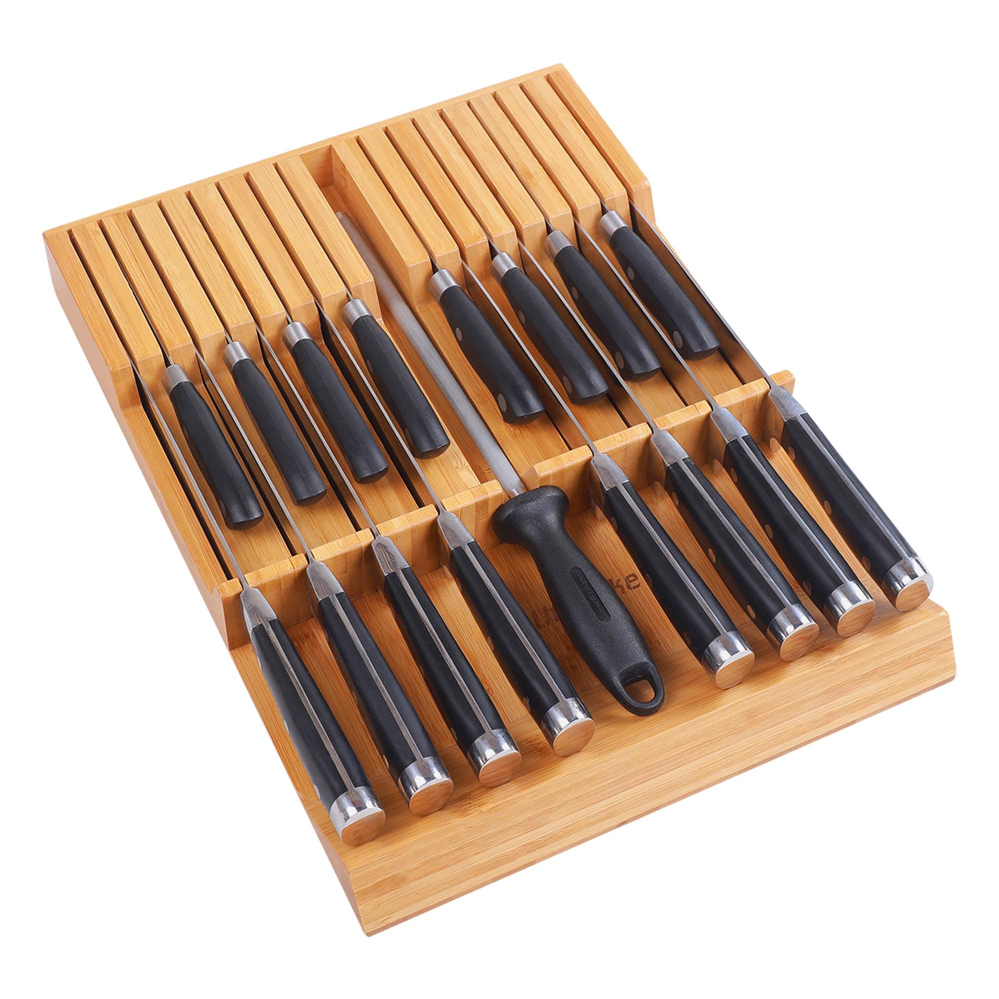 Utoplike in-Drawer Knife Block Bamboo Kitchen Knife Drawer Organiser, Large Handle Steak Knife Holder(Without Knives), 16 Knives Storage