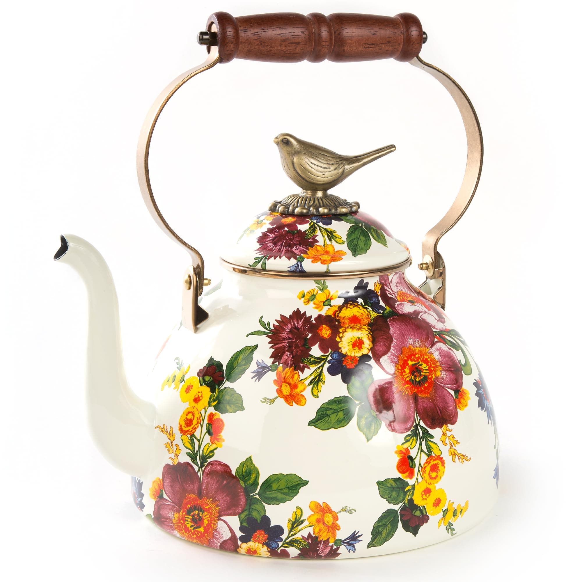 Enamel Tea Kettle, Cute Kitchen Kettle for Stovetop, 3-Quart Capacity, White Flower Market with Bird Topper