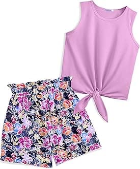 Arshiner Girl's 2 Piece Outfits Tie Knot Tank Top and Paperbag Waist Pocketed Summer Short Sets