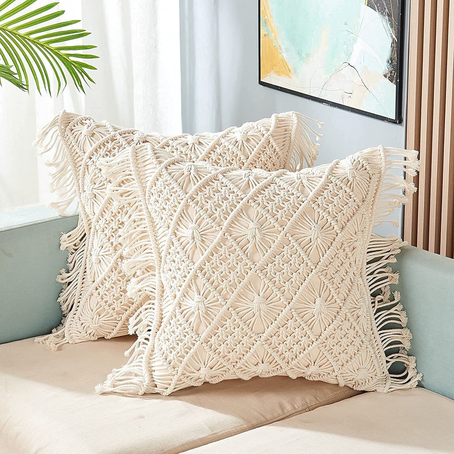 Macrame Cushion Cover 16 x 16 inch Handmade Soft Boho Cotton Pillow Case for Sofa Set Bed Living Room Bedroom in Premium Canvas Fabric with Back Zipper, Off-White, 1-Piece