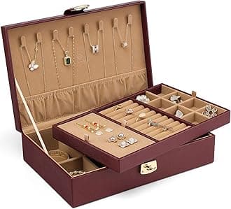 VlandoVlando Jewelry Box 2 Layer Large Jewelry Organizer PU Leather Display Jewellery Holder with Removable Tray for Necklace Earrings Rings Bracelets, Home Decor Gift Box Packaging Red