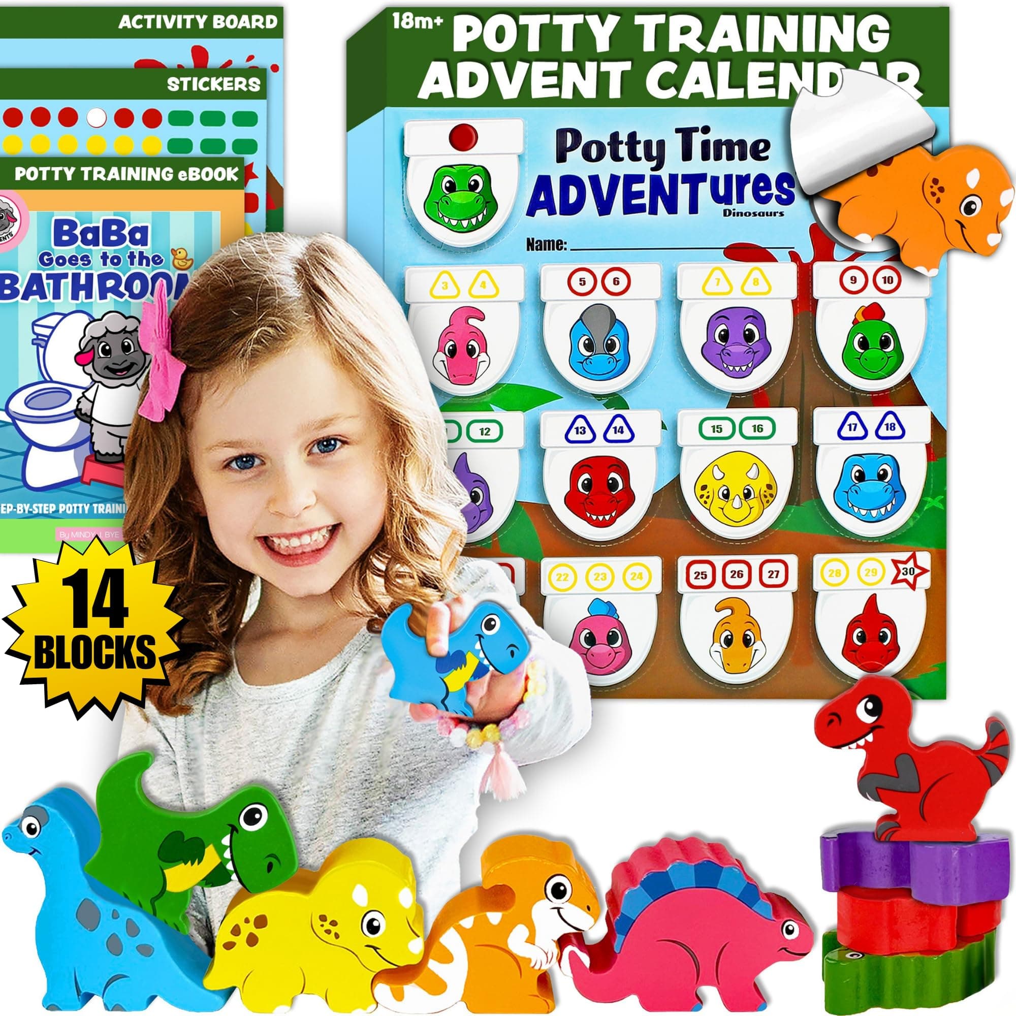 Potty Training Reward System - 14PC Wooden Stacking Blocks with Dinosaur Themed, Montessori Behavior System Advent Calendar for Toddlers 18M+ Boys Girls