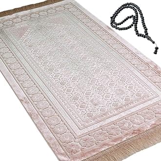 Velvet Prayer Rug with Prayer Beads Turkish Janamaz Sajadah Floral Stamp Luxury Plush (Light Pink)