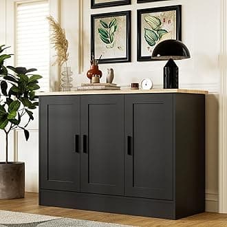 Anystyle 43" Black Buffet Cabinet with Black Handles, Small Kitchen Sideboard with 3 Doors & Adjustable Shelves, Modern Entryway Credenza & TV Console Table for Living Room, Dining Room