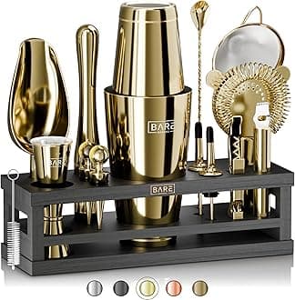 BARE BARREL® Mixology Bartender Kit Bar Set | 16-Piece Cocktail Shaker Set | Martini Barware Mixing Tools for Home Bartending | Incl. 35 Recipe Cards | Gift Set (28oz Boston Shaker, Gold/Black)