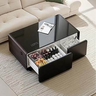 LIVTAB Smart Coffee Table, Living Room Table with Refrigerator and Freezer Drawers, 23" D x 41.5" W x 18.2" H, 15W Wireless Charging, USB Chargers and Speakers (LT90-FreezerX, Brown)