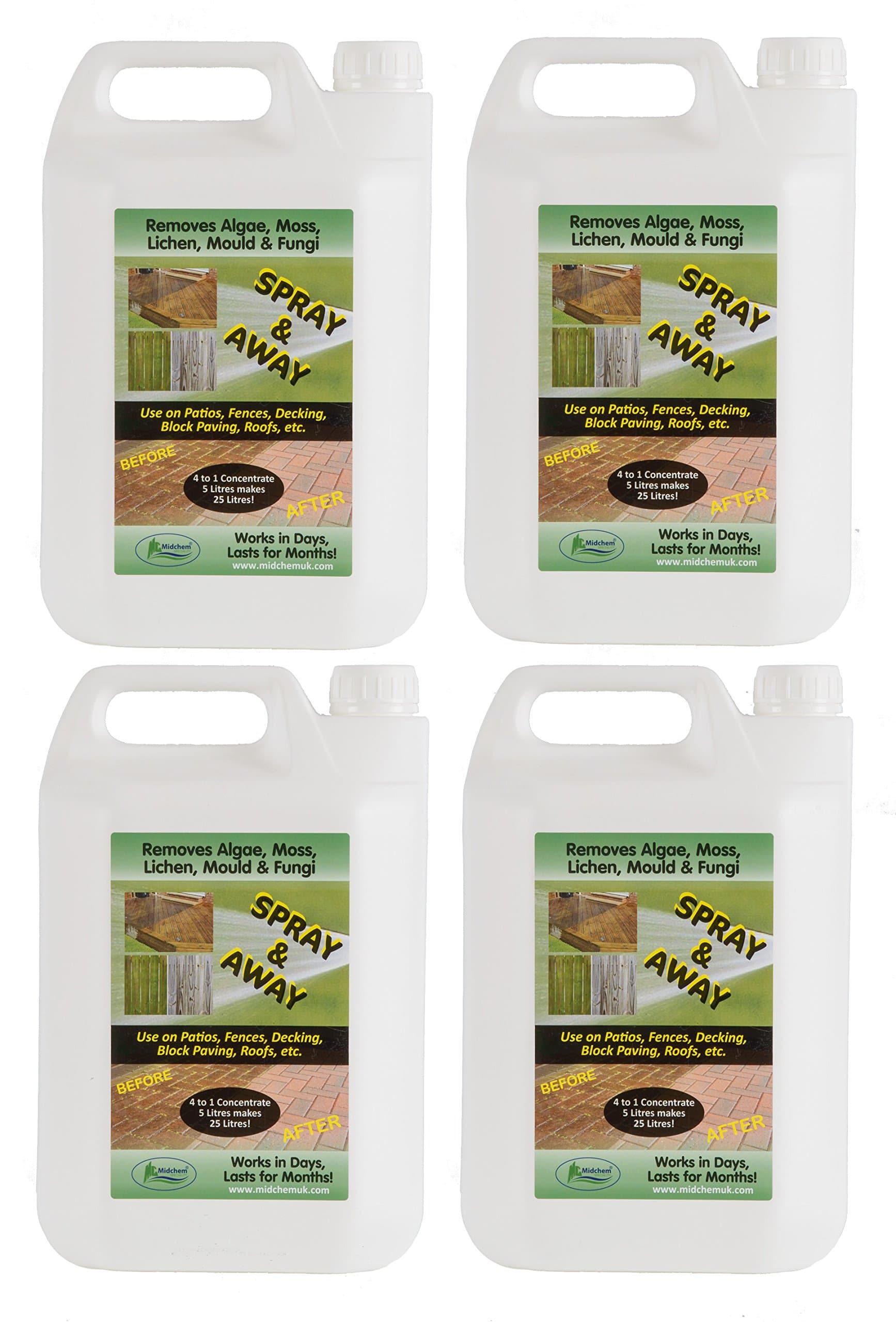 Midchem Speciality 4 x 5 L Mould Mildew Algae & Moss Killer Patio-Fencing-Driveway Path & Decking Cleaner.