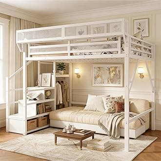 Queen Size Loft Bed with Stairs and Storage, Metal Loft Bed Frame with Bedside Shelf and Large Under-Bed Space, Heavy-Duty Beds for Adults Teens and Kids, White