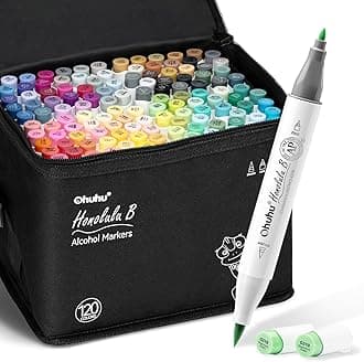 Ohuhu Alcohol Markers Brush Tip - 120-color AP Certificated Double Tipped Art Marker Set for Artist Adults Cozy Coloring Drawing Illustration - Brush and Fine Dual Tips - Honolulu B - Refillable