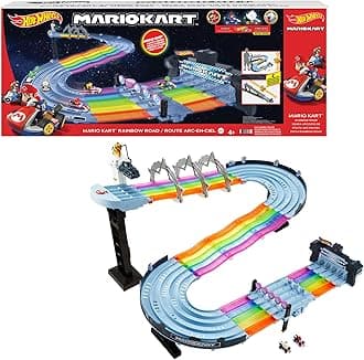 Hot Wheels Mario Kart Rainbow Road Raceway 8-Foot Track Set with Lights & Sounds & 2 1:64 Scale Vehicles, Race with 5-Track Colorful Course with 2 Configurations