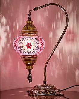 DEMMEX Turkish Moroccan Mosaic Table Lamp–Handcrafted Tiffany-Style Colorful Glass Swan Neck Bedside, Desk Light, Boho Artisan Accent Lighting for Bedroom, Living Room–38cm H, Light Pink
