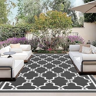 OutdoorLines Outdoor Reversible Rugs for Patio 9x12 ft - Outside Plastic Carpet, Stain & UV Resistant Portable RV Mat, Straw Rug for Camping, Backyard, Deck, Picnic, Porch Moroccan Gray & White