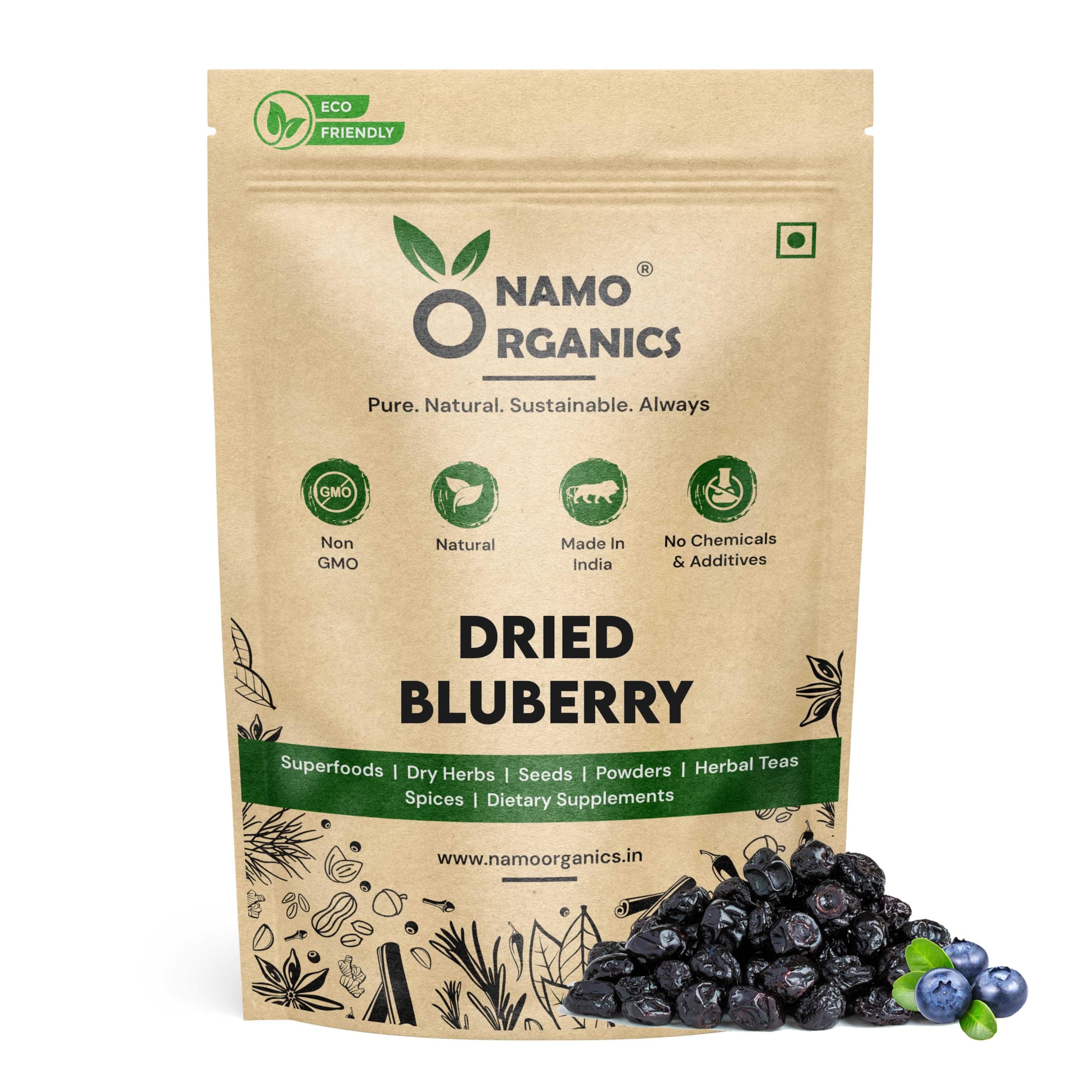 Namo Organics - Original No Refined Sugar Blueberry (Seedless) - 250 Gm - (Gluten Free, Fresh & NON GMO) Blueberries Dry Fruits blue berry | USA